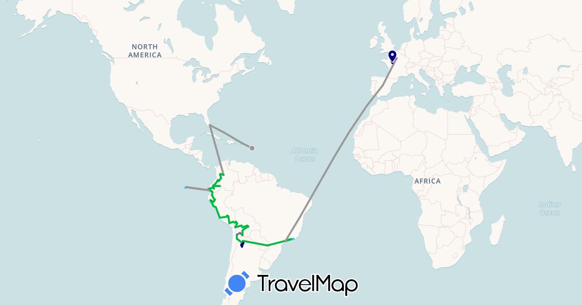 TravelMap itinerary: driving, bus, plane, train, boat in Argentina, Bolivia, Brazil, Chile, Colombia, Ecuador, Spain, France, Guadeloupe, Peru, Puerto Rico, United States (Europe, North America, South America)